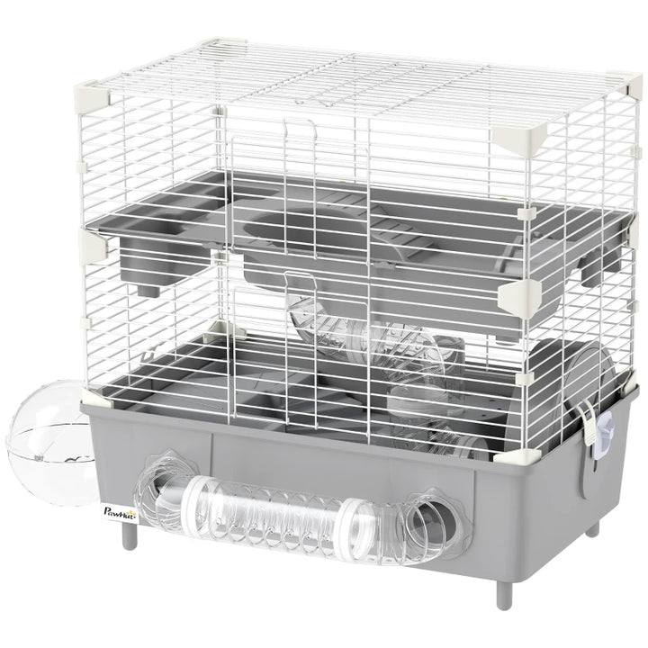 2-Tier Hamster Cage With Sand Bathroom, Running Wheel, Water Bottle, Tubes, Accessories, For Hamster, Gray