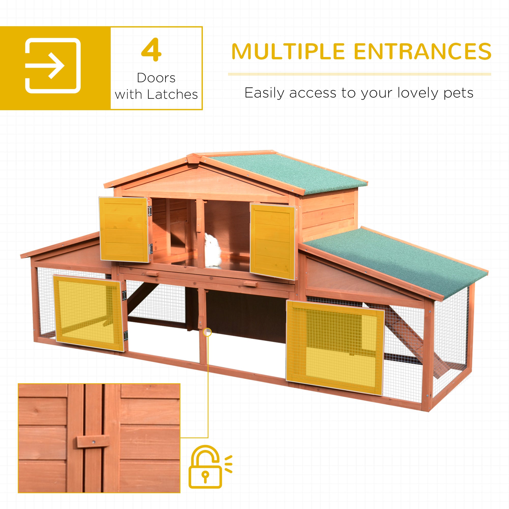 89"L Outdoor Rabbit Hutch, Guinea Pig Cage Indoor Outdoor Wooden Bunny Hutch with Double Runs, Weatherproof Roof, Removable Tray, Ramps, Orange