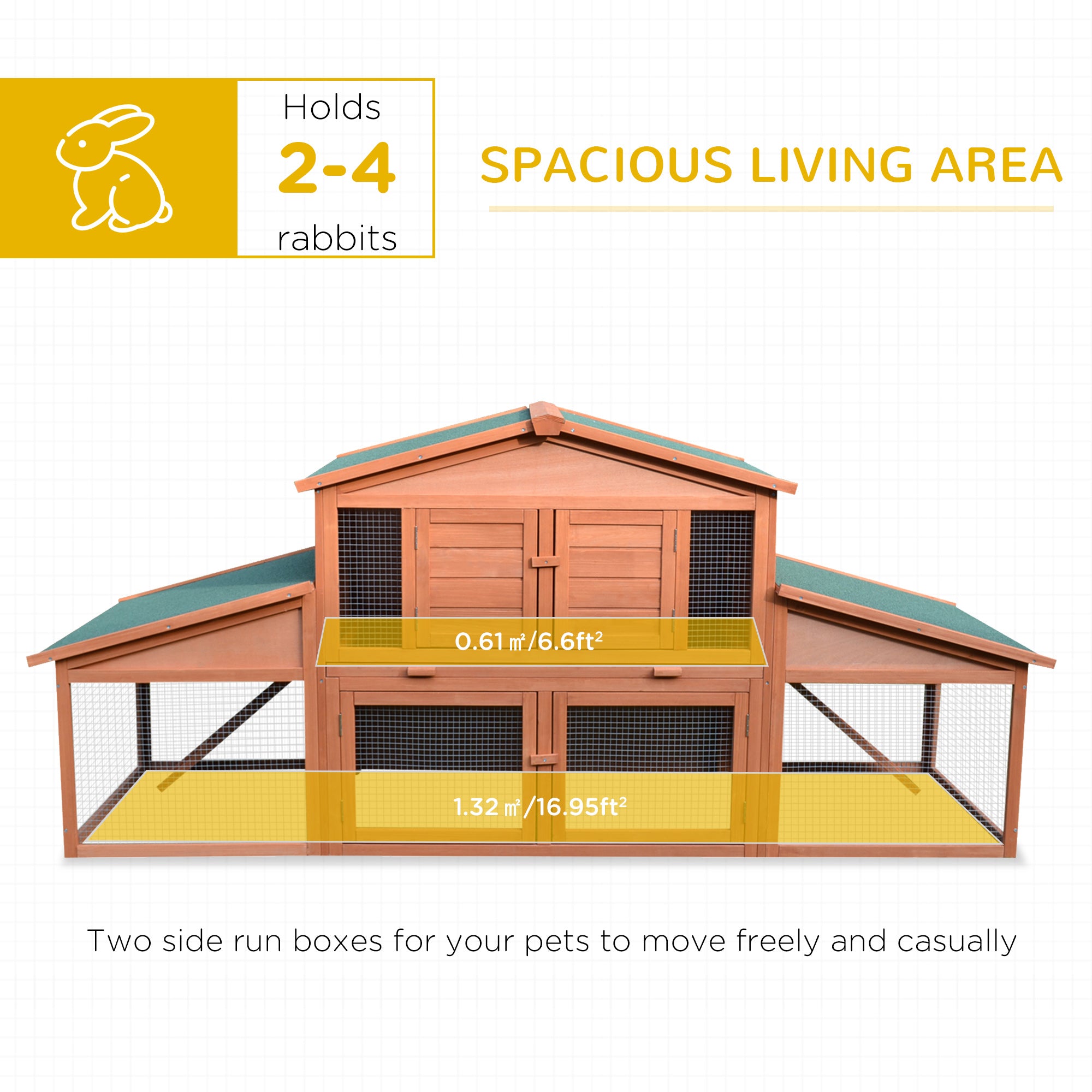 89"L Outdoor Rabbit Hutch, Guinea Pig Cage Indoor Outdoor Wooden Bunny Hutch with Double Runs, Weatherproof Roof, Removable Tray, Ramps, Orange