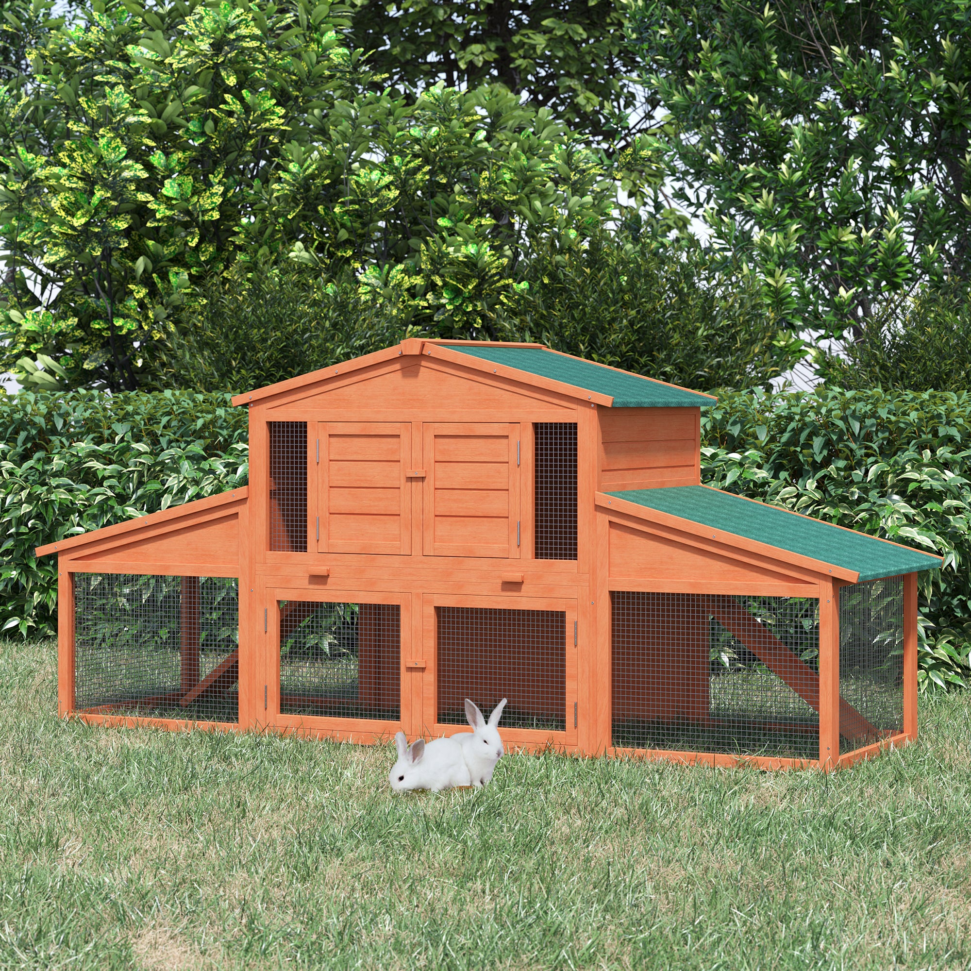 89"L Outdoor Rabbit Hutch, Guinea Pig Cage Indoor Outdoor Wooden Bunny Hutch with Double Runs, Weatherproof Roof, Removable Tray, Ramps, Orange