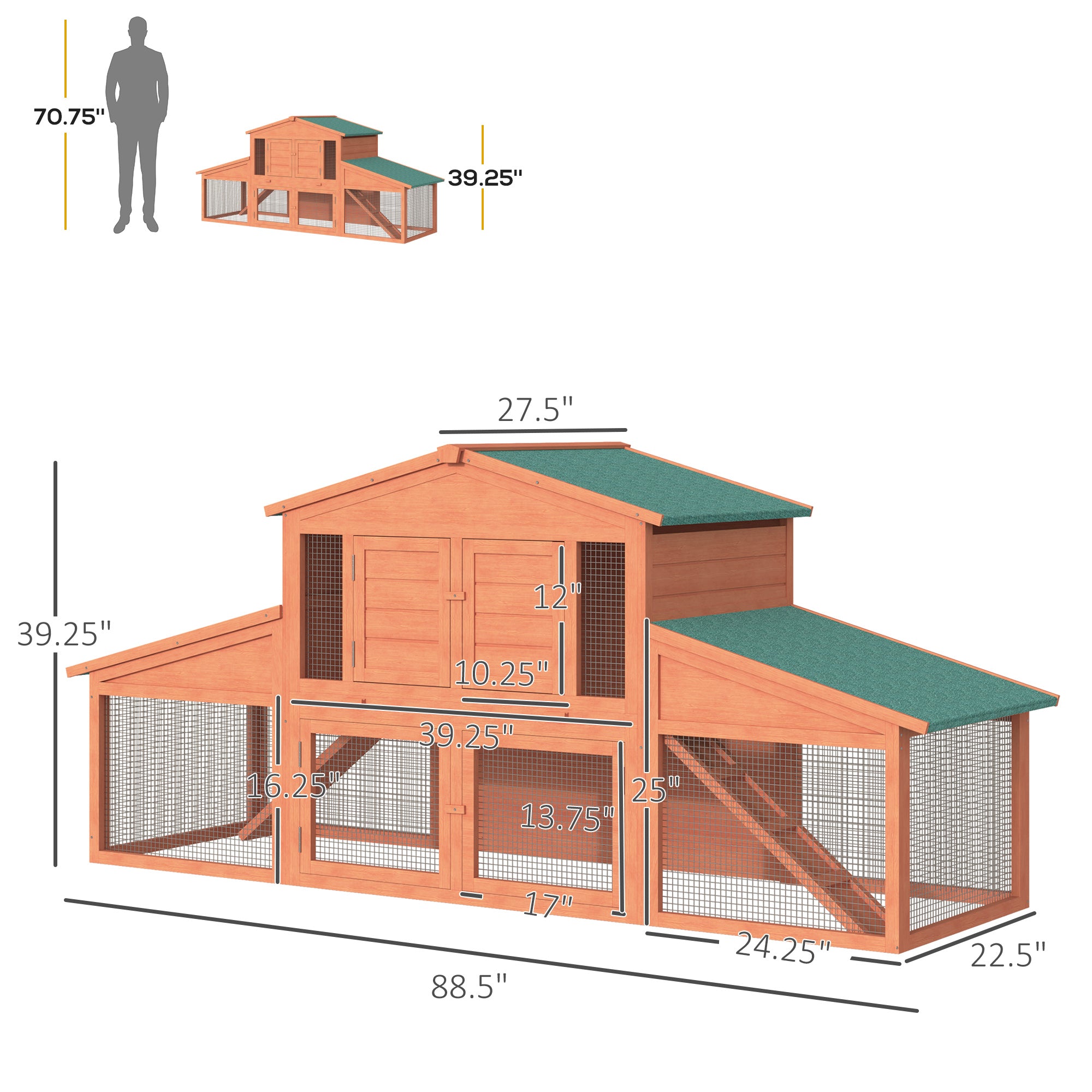 89"L Outdoor Rabbit Hutch, Guinea Pig Cage Indoor Outdoor Wooden Bunny Hutch with Double Runs, Weatherproof Roof, Removable Tray, Ramps, Orange