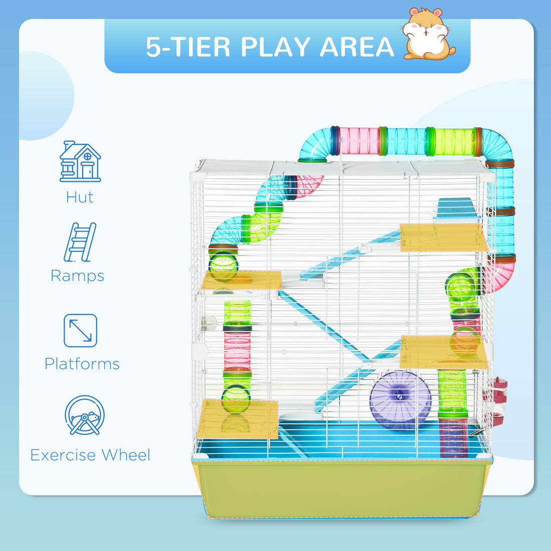 Extra Large 23" Hamster Cage with Tubes and Tunnels, Portable Carry Handles, Rat House and Habitats Big 5-Tier Design, Mouse Cage Includes Exercise Wheel, Water Bottle, Food Dish, Light Blue